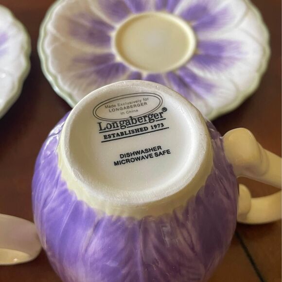 Longaberger Pottery Teacups And Saucers (2) Purple Crocus Flowers - Picture 8 of 10